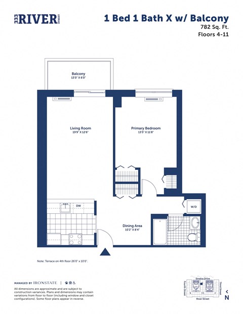 Floor plan for 1 bed, 1 bath, 782 sqft